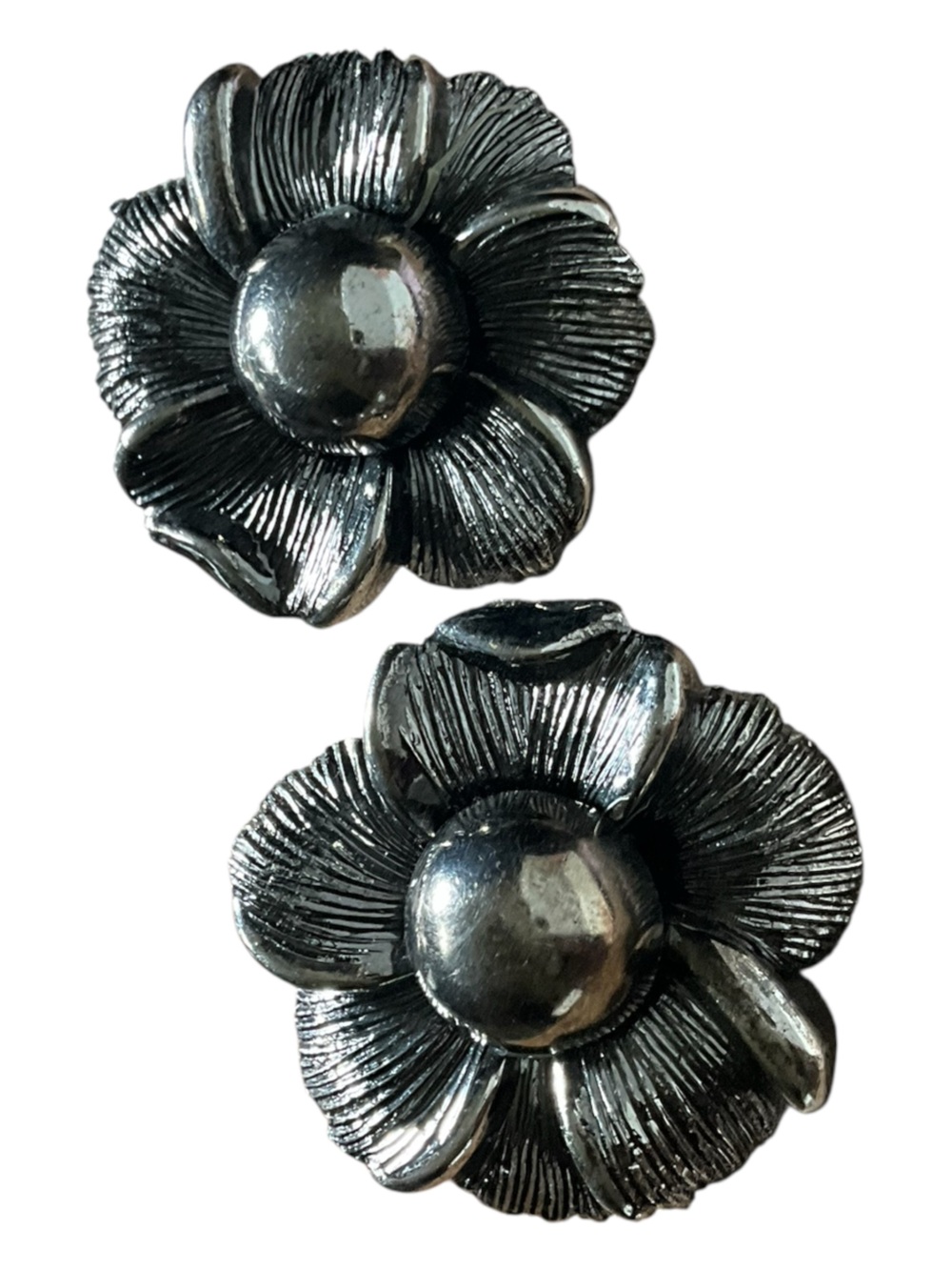 Vintage 80s Sculptural Flower Clip Earrings Silver Tone Bold Textured Floral